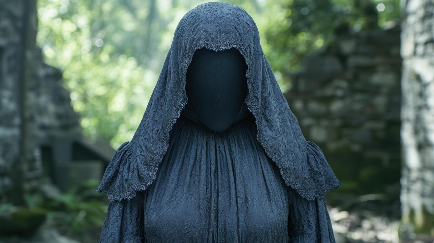Mysterious figure in dark hooded cloak in forest photo