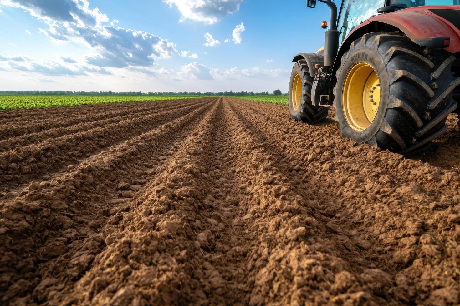 Tractor plowing agricultural field with cloudy sky photo