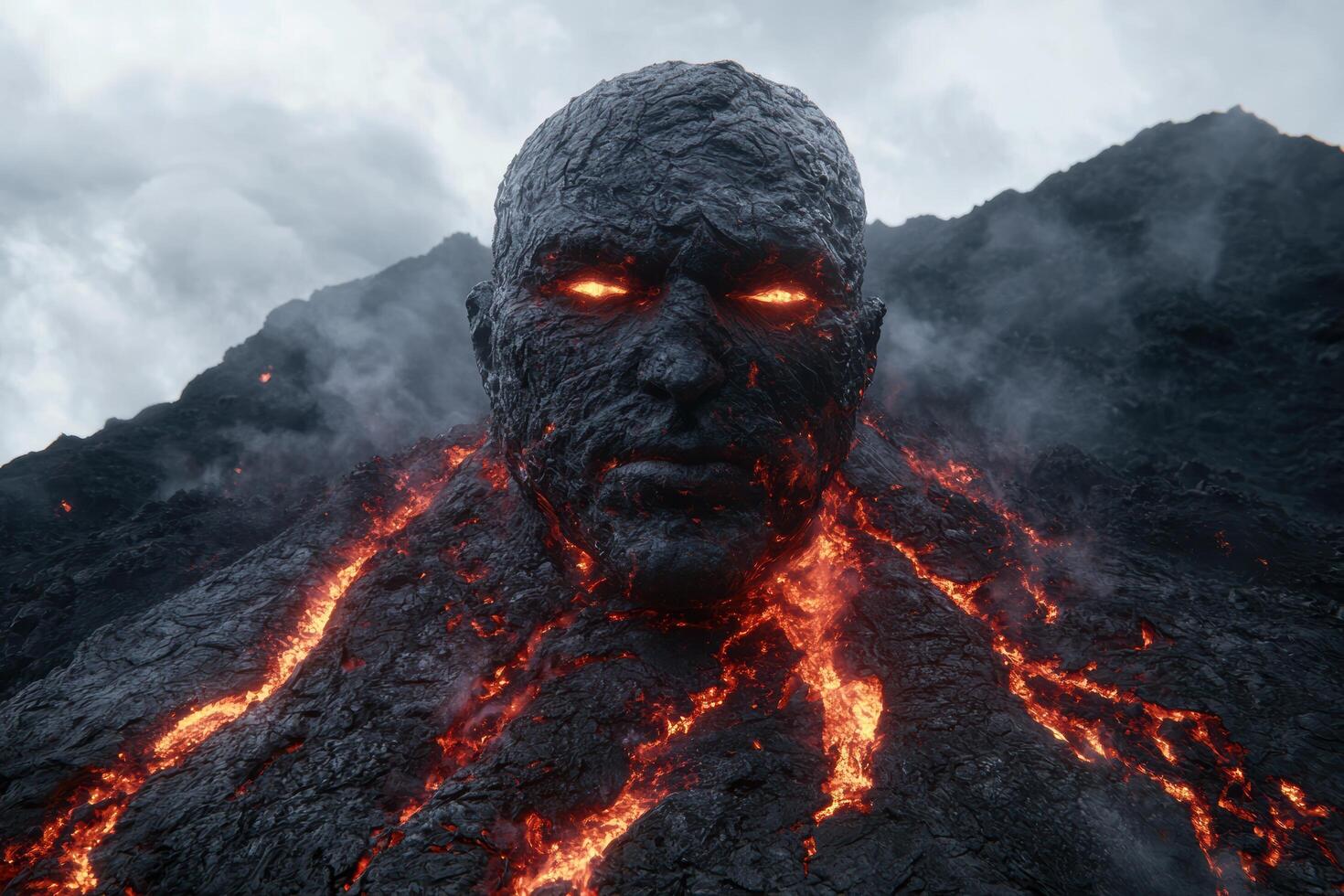 Fiery volcanic demon emerging from molten lava photo