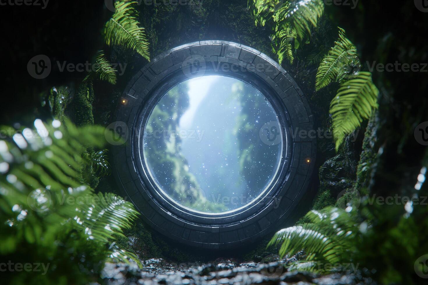 Mysterious portal in lush jungle landscape photo