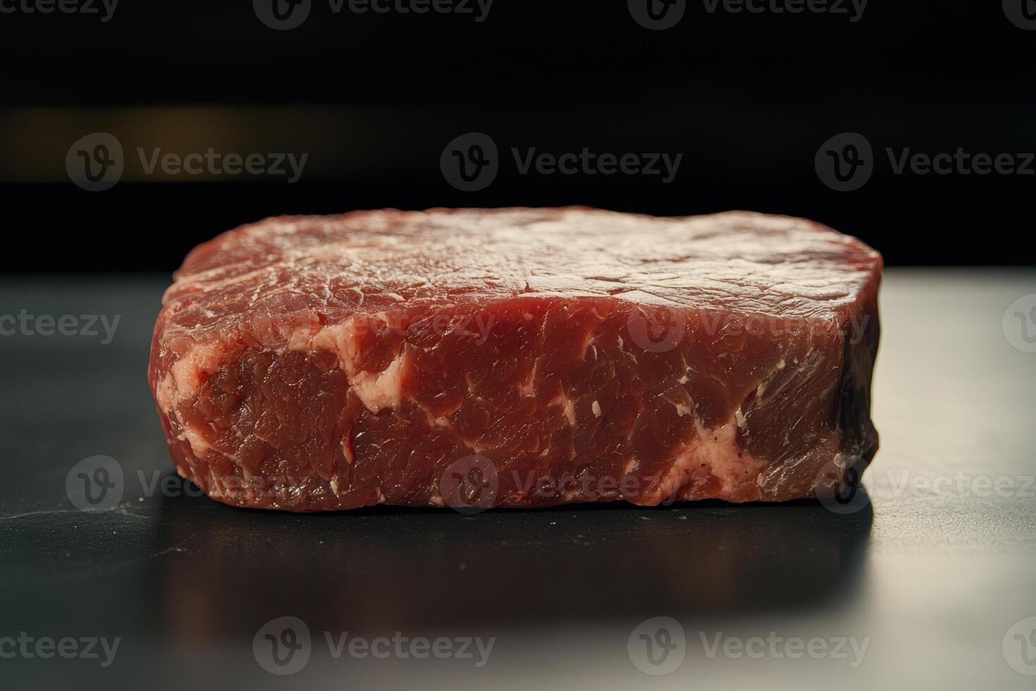 Close up of a raw steak on a dark surface photo