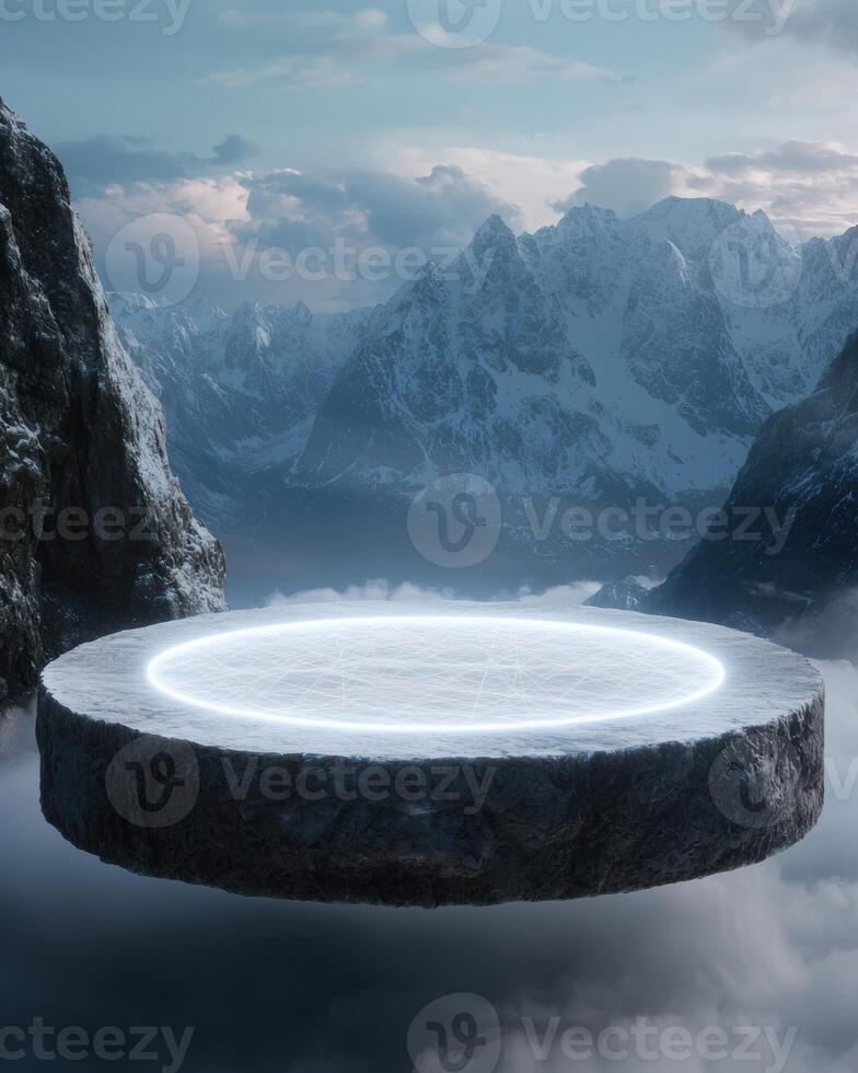 Surreal floating platform in snowy mountain landscape photo
