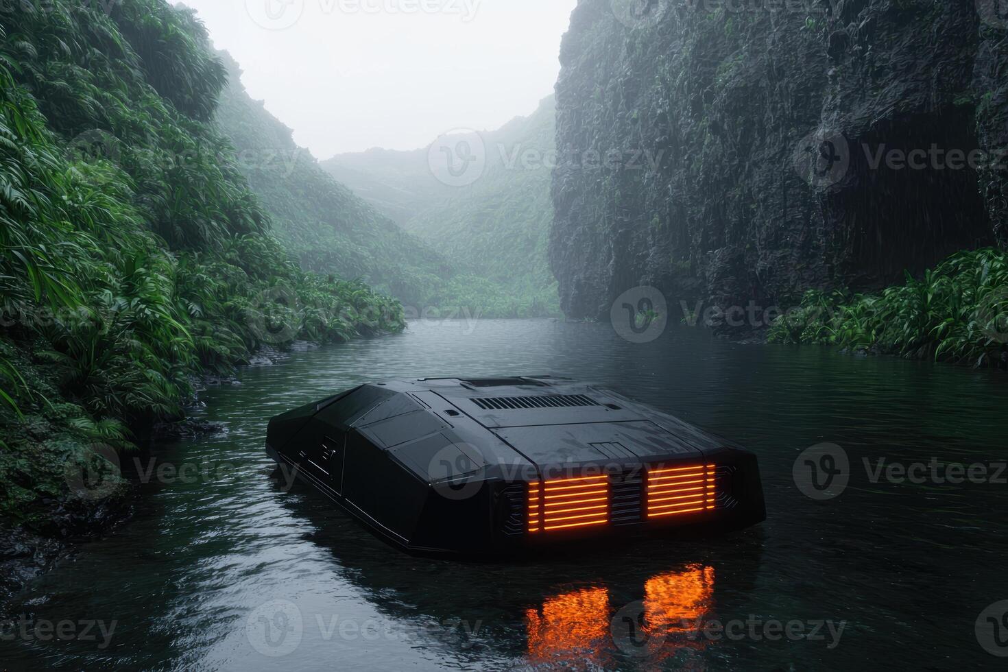 Futuristic vehicle navigating through a mysterious, lush jungle landscape photo