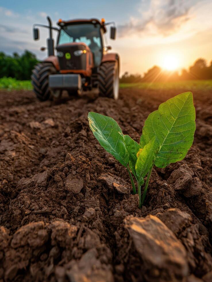 Tractor plowing field with young plant growth photo