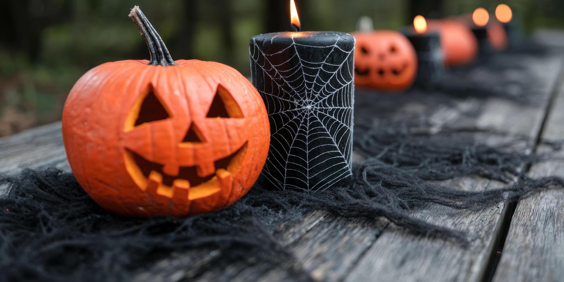 Spooky halloween pumpkin and candle decor photo