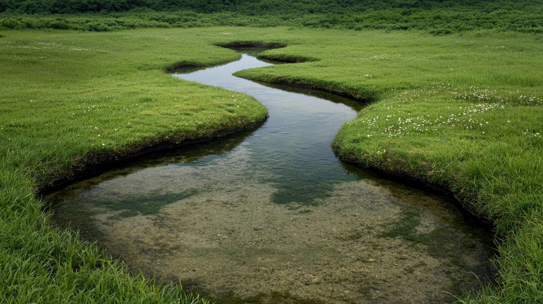 Serene stream winding through lush green meadow photo
