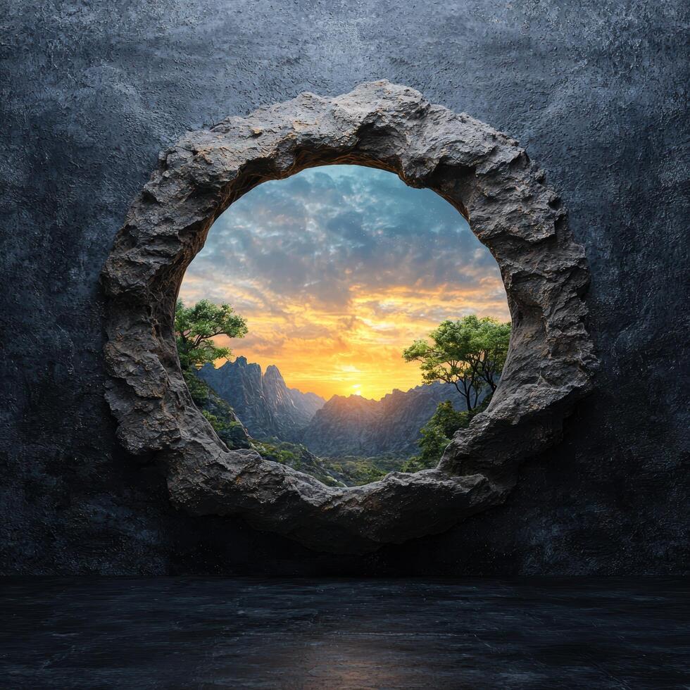 Breathtaking sunset view through natural rock arch photo