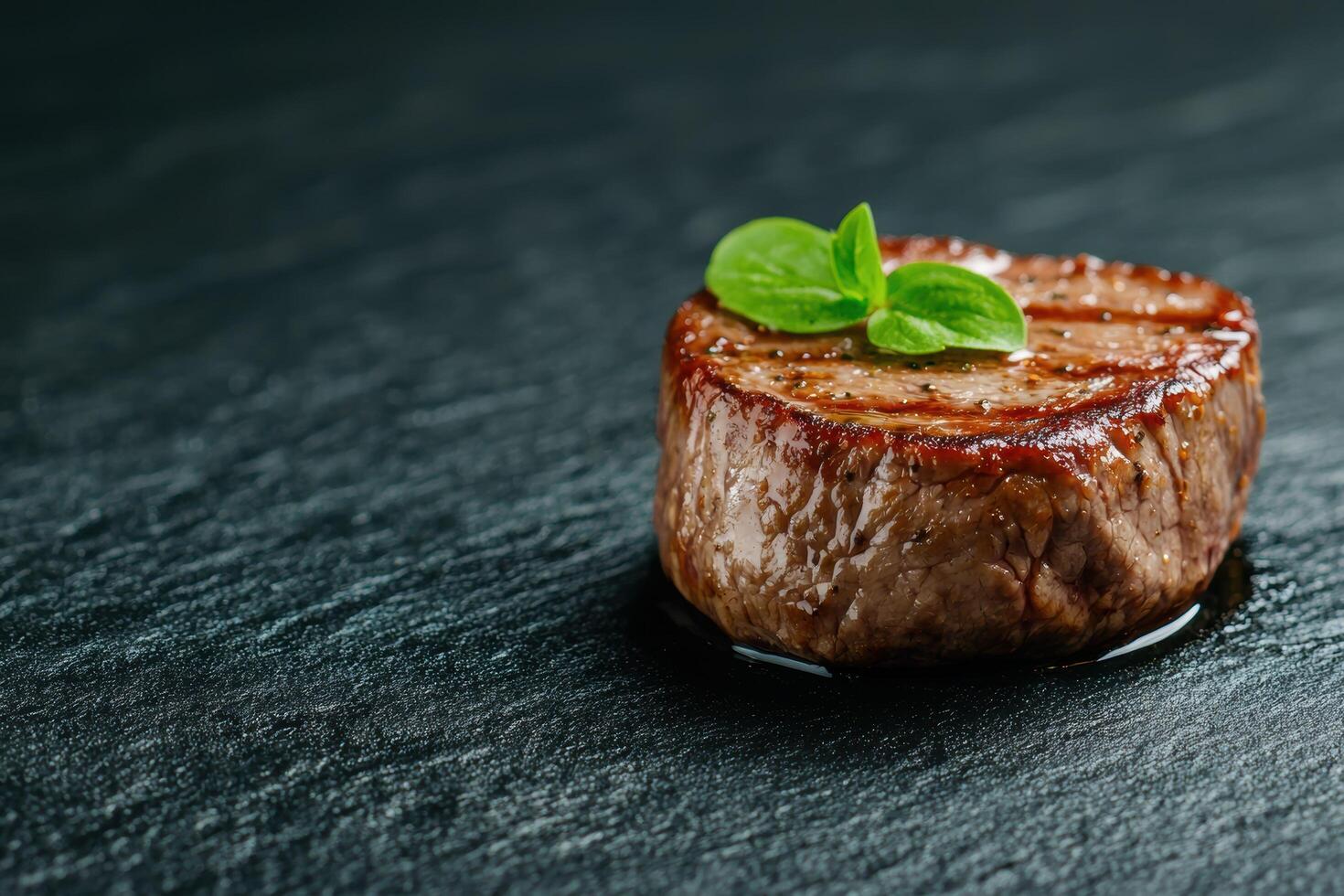 Delicious grilled steak with fresh basil garnish photo