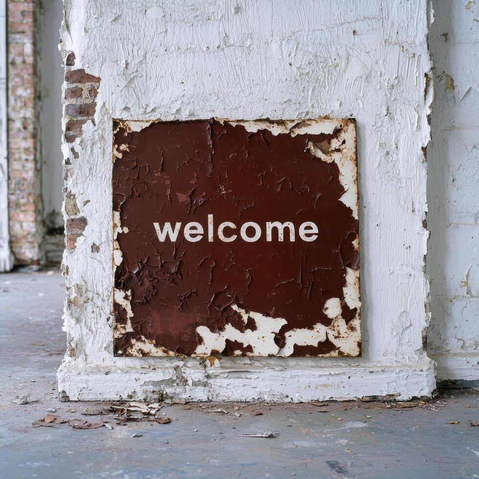 Weathered welcome sign on old building photo