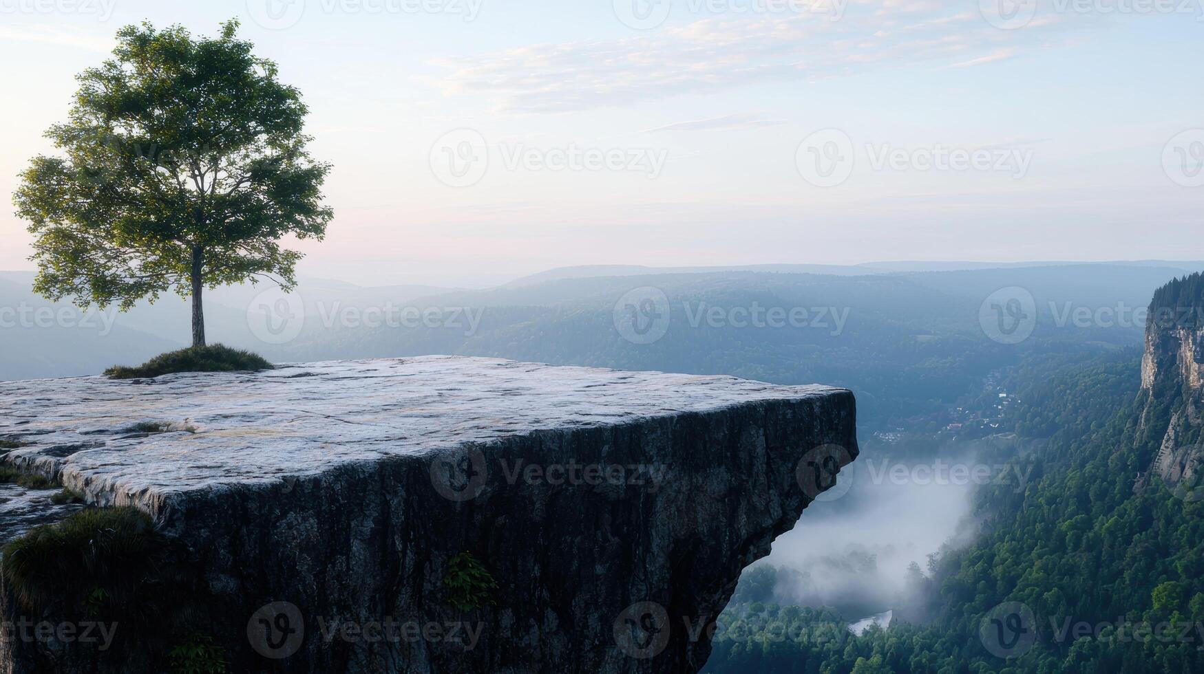 Majestic mountain landscape with lone tree on cliff edge photo