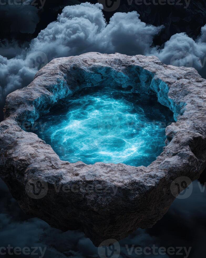 Mysterious ice cave with glowing blue water photo