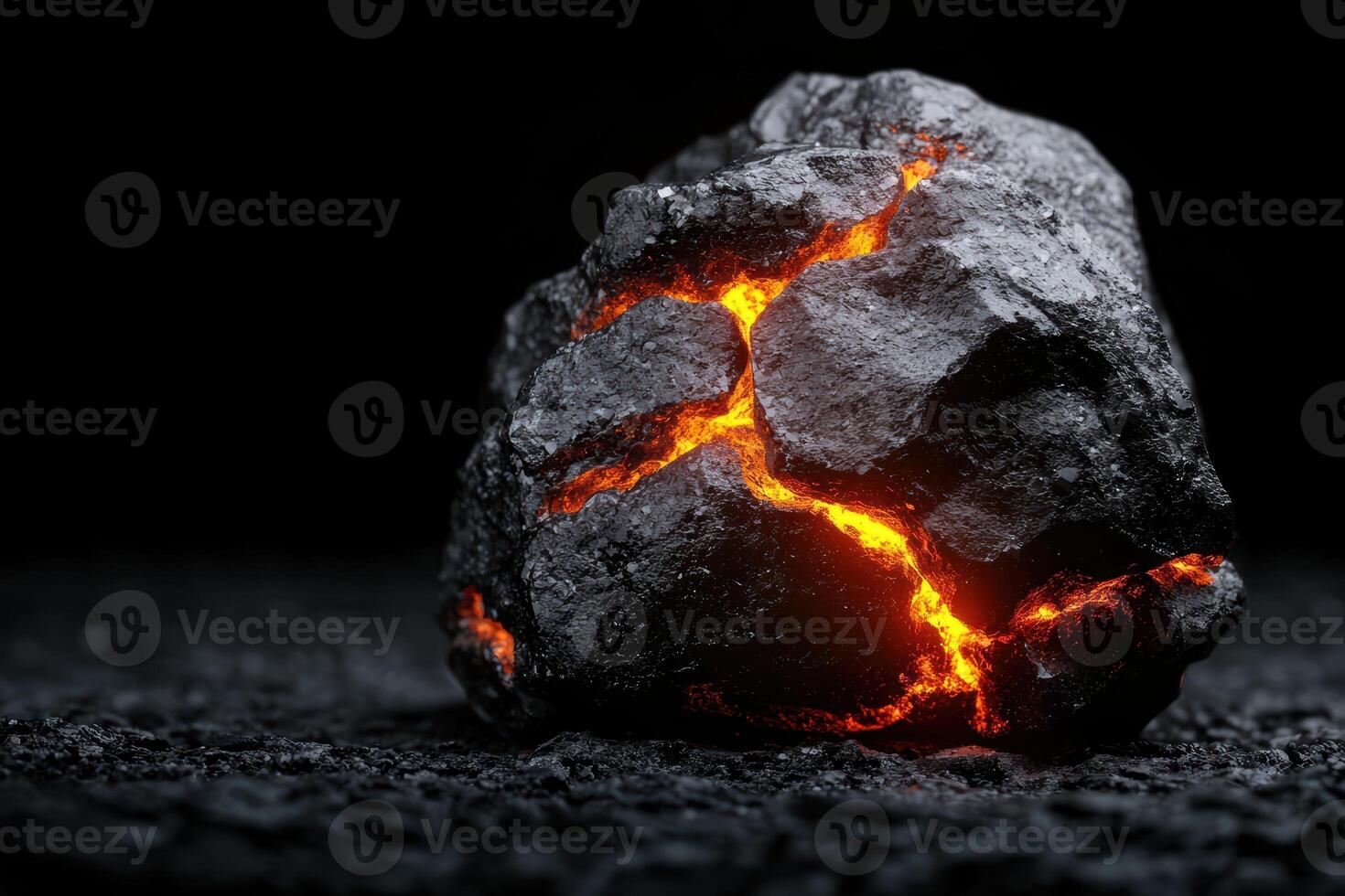 Glowing molten rock in a dark volcanic landscape photo