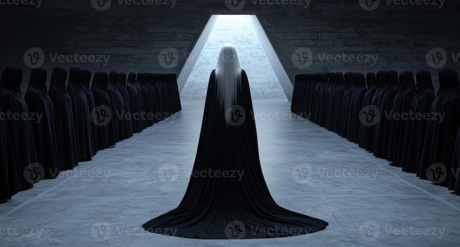 dark figure in long black cloak standing in illuminated hallway photo