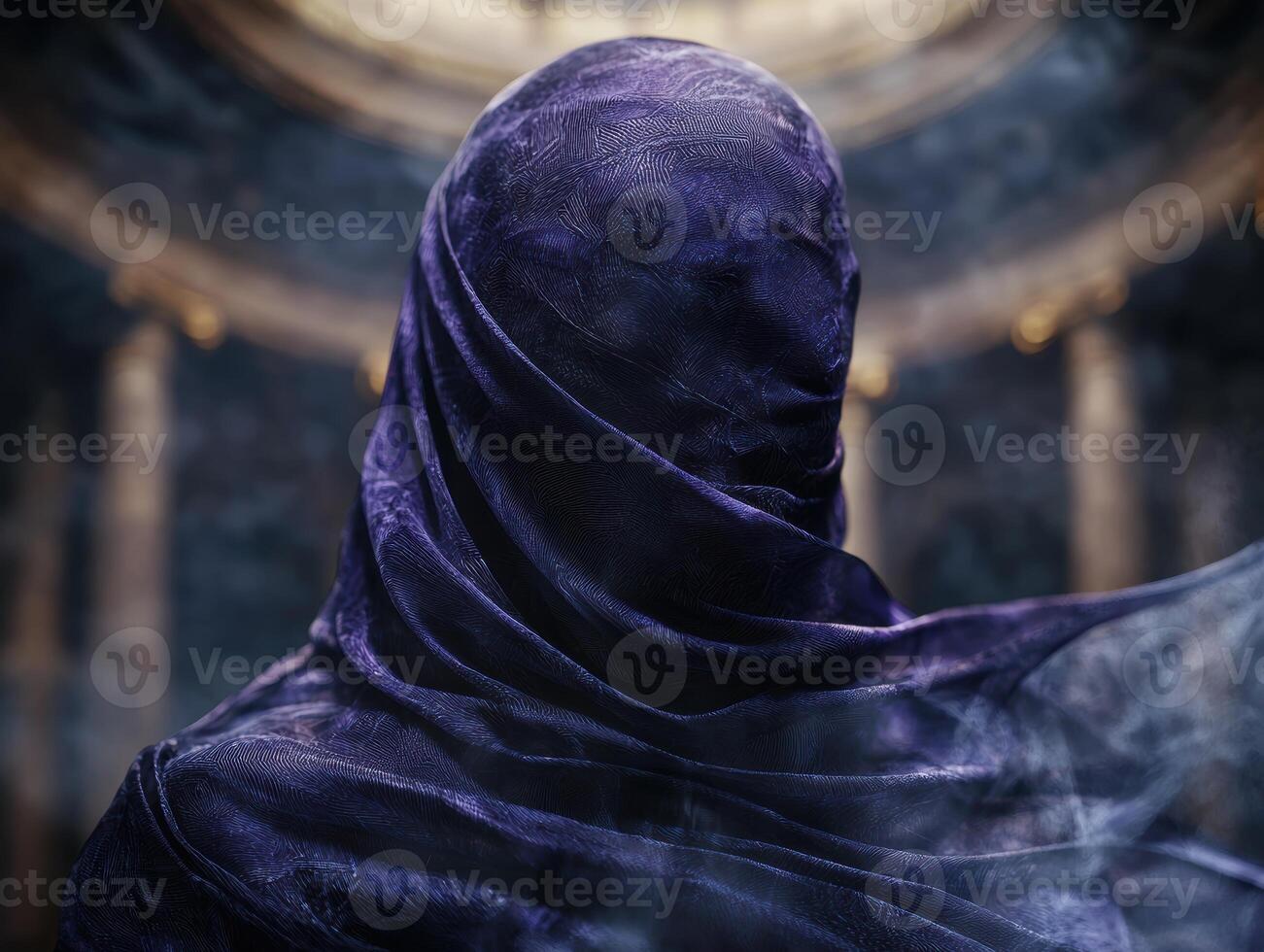 Mysterious cloaked figure in dark environment photo