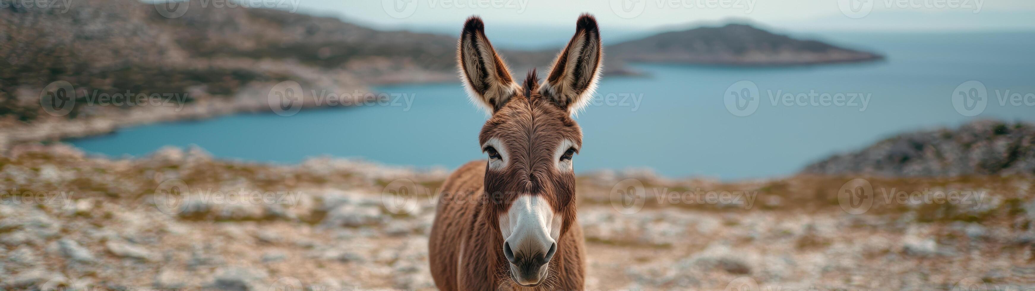 Curious donkey in scenic mountain landscape photo