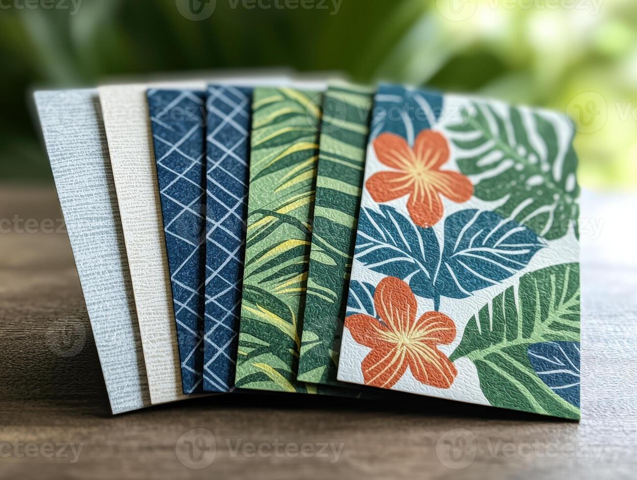 Assorted tropical patterned notebooks on wooden table photo