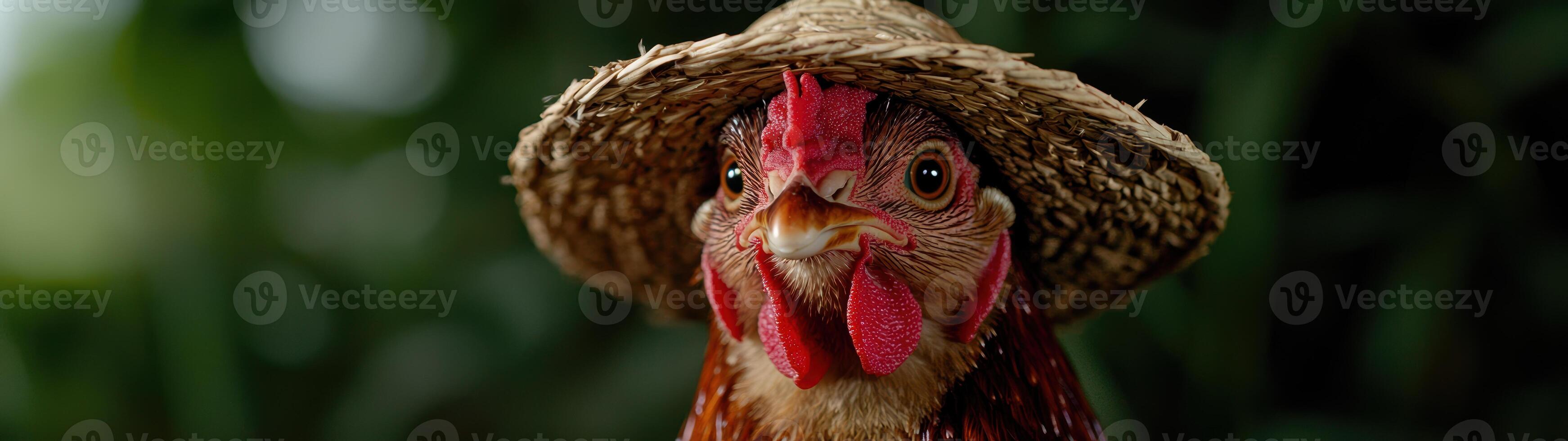 Curious chicken in straw hat photo