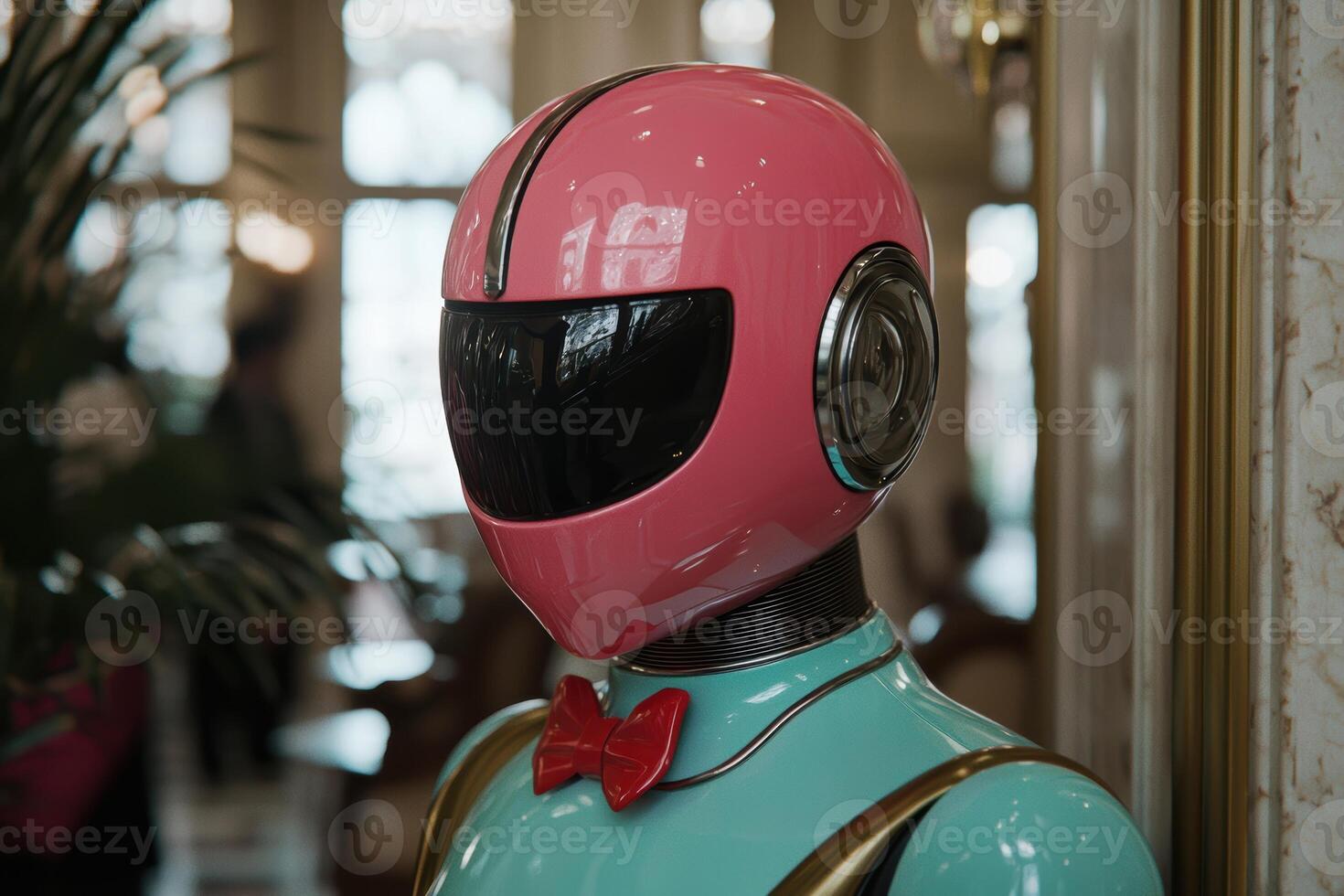Retro robot with pink helmet and bow tie photo