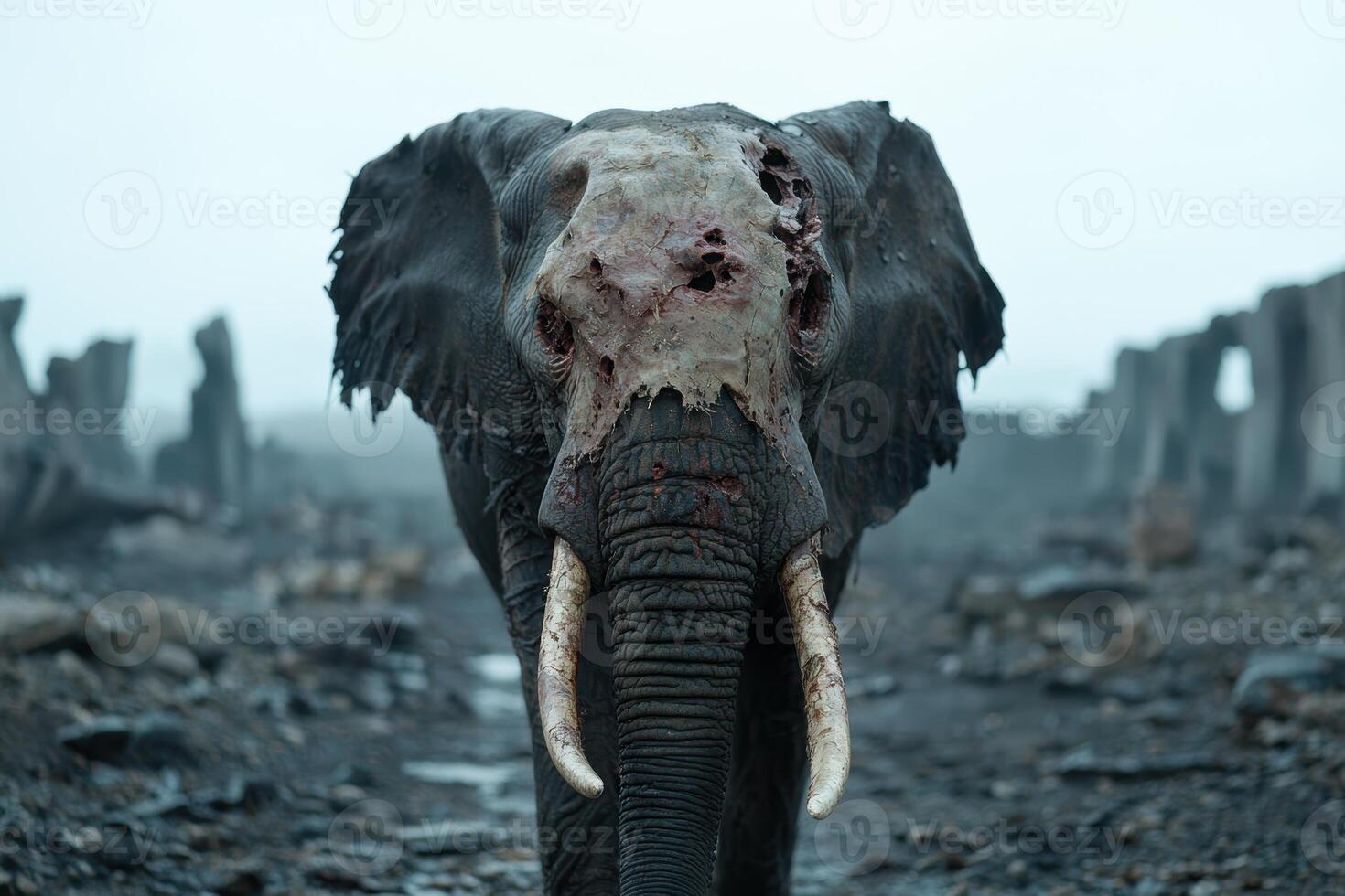 Damaged elephant in a desolate landscape photo