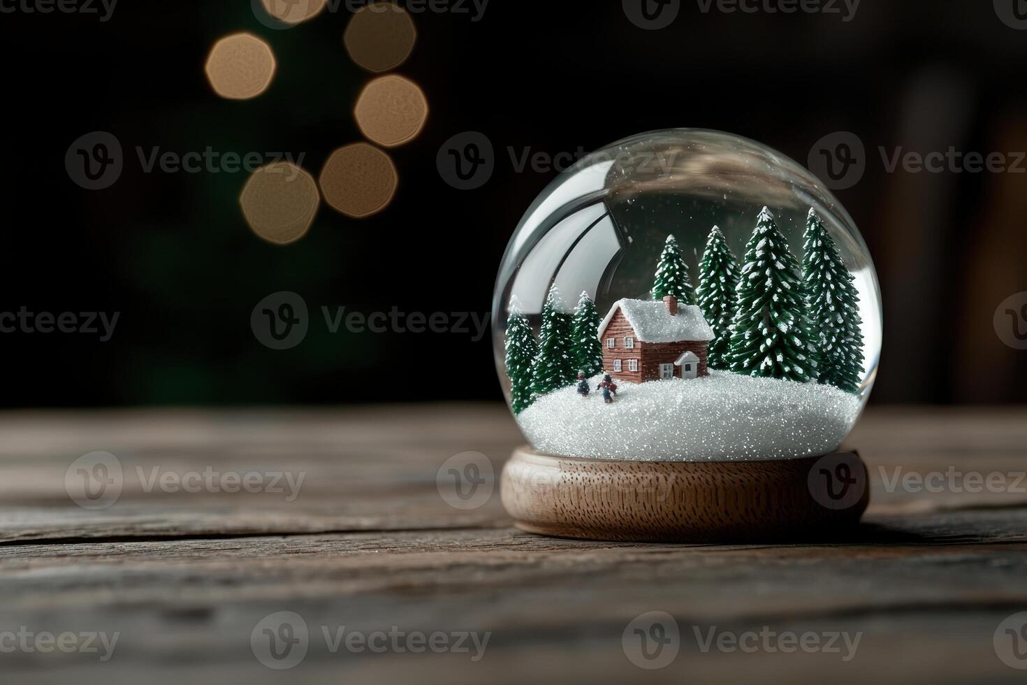 Cozy winter snow globe scene with cabin and trees photo