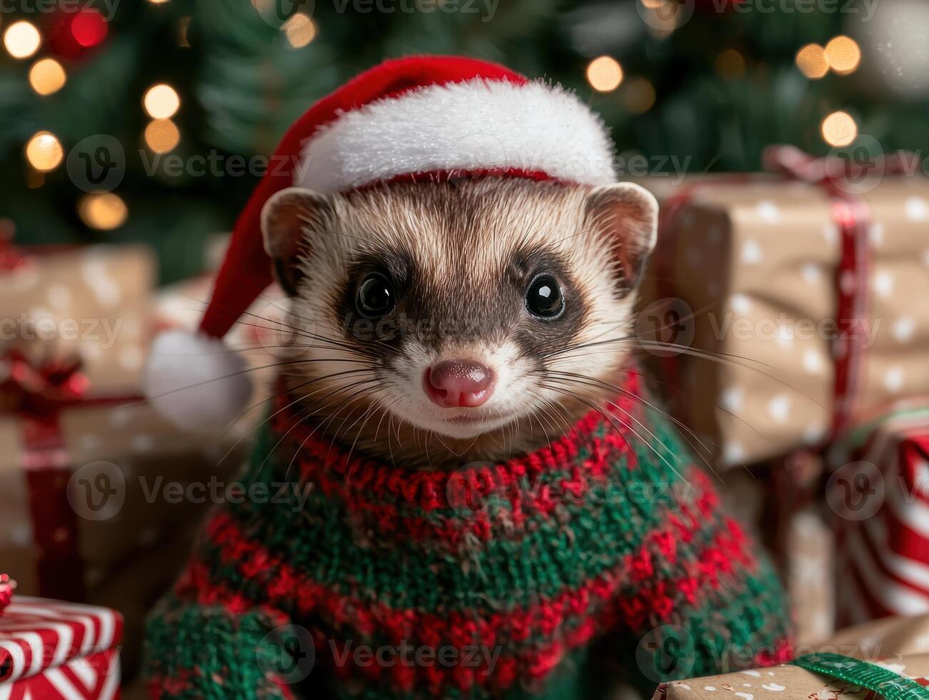 adorable ferret wearing santa hat and sweater photo