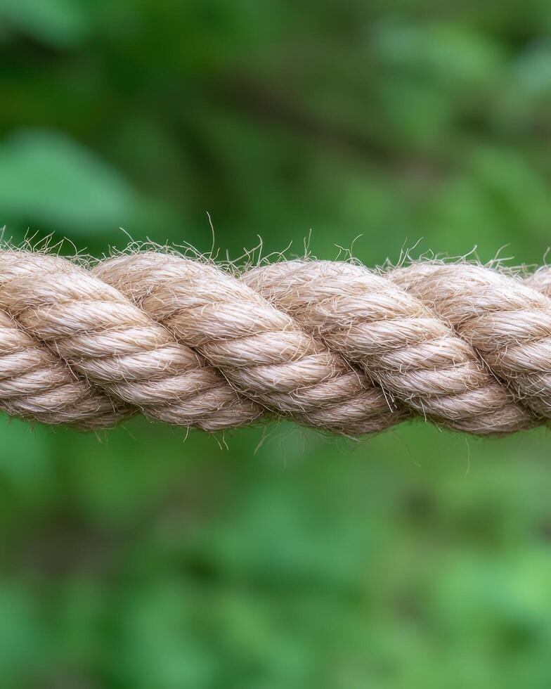 Close up of a twisted rope against a blurred green background photo