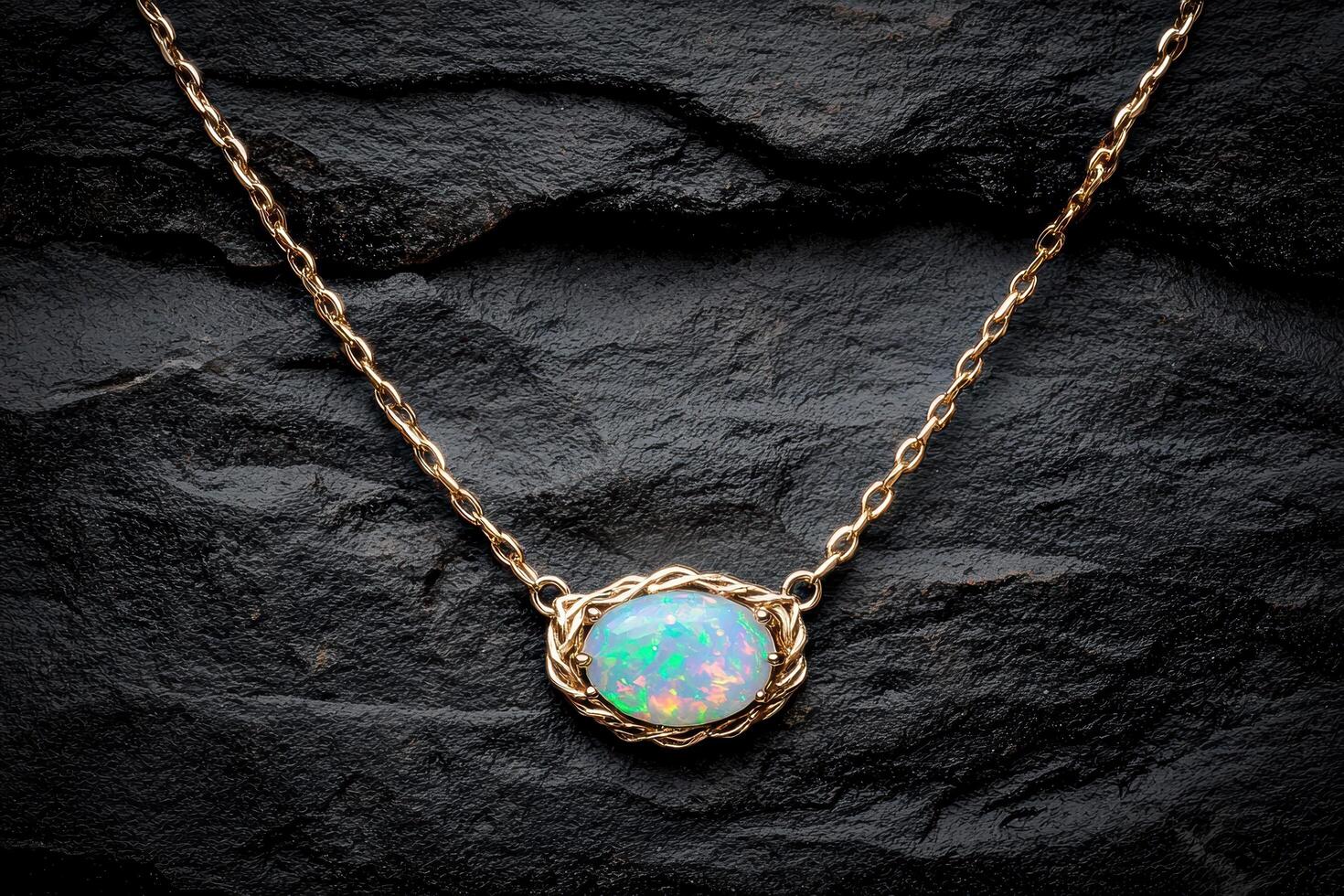Elegant gold necklace with opal pendant on dark slate background photo