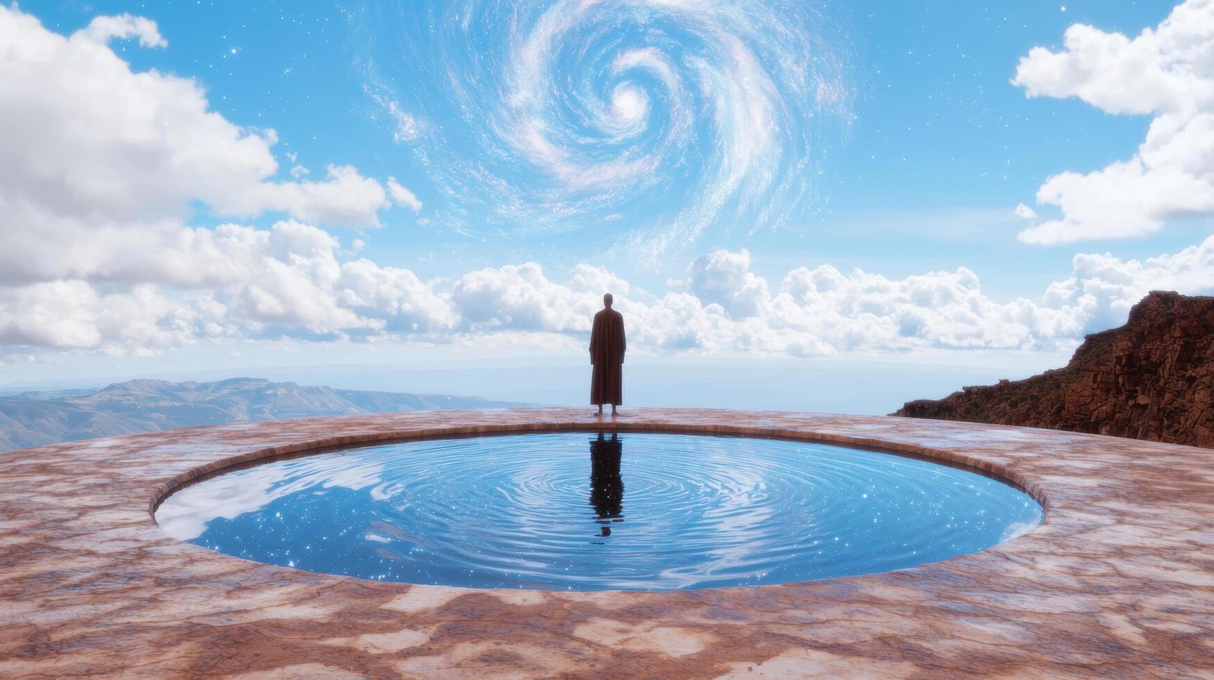 Solitary figure in meditative pose overlooking serene pool photo