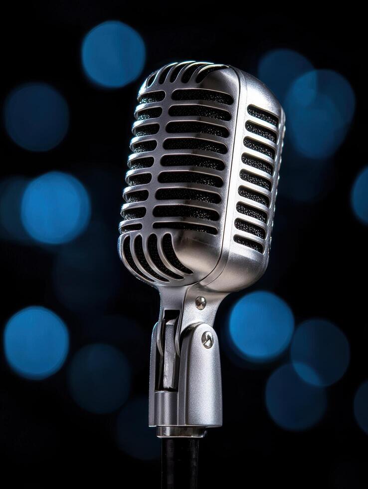 vintage microphone with blue bokeh background photo