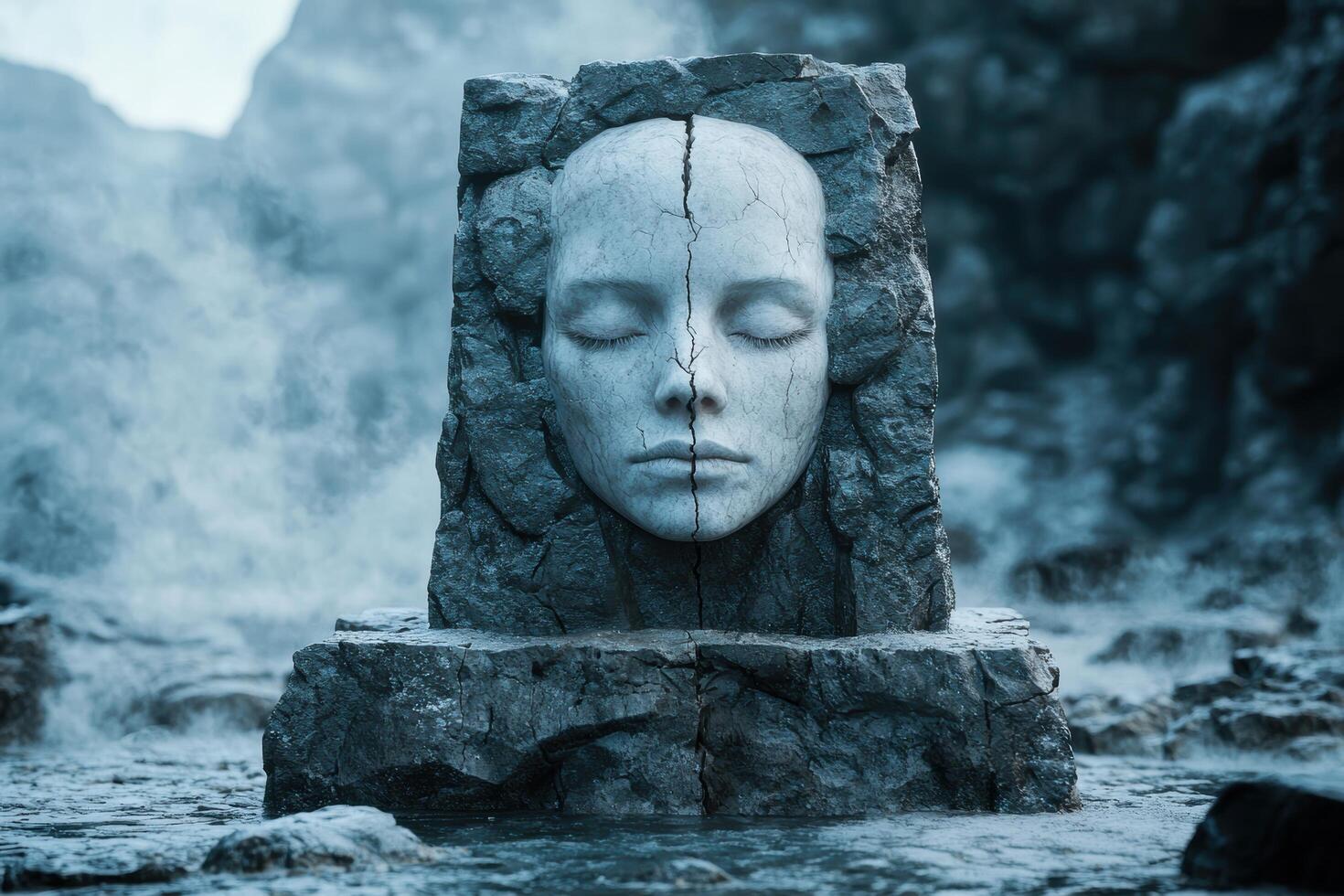 Cracked stone face in icy landscape photo