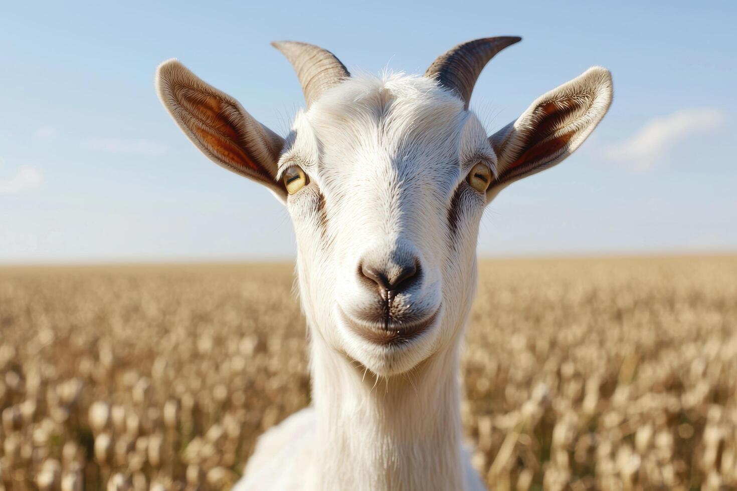 close up portrait of a curious white goat photo