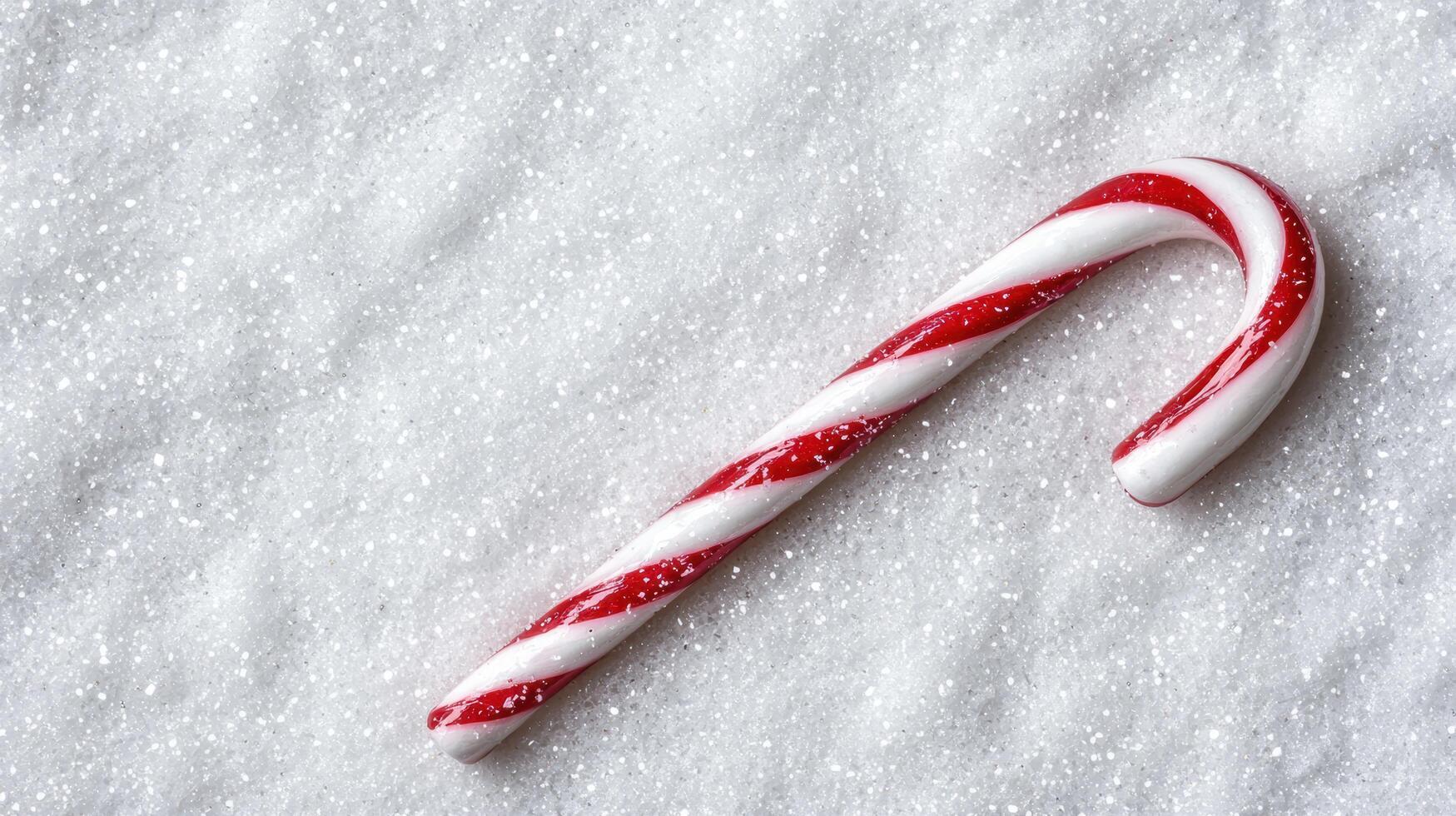 Festive candy cane on snowy background photo