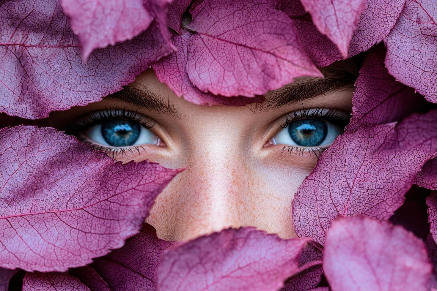 Mysterious blue eyes peeking through vibrant pink leaves photo