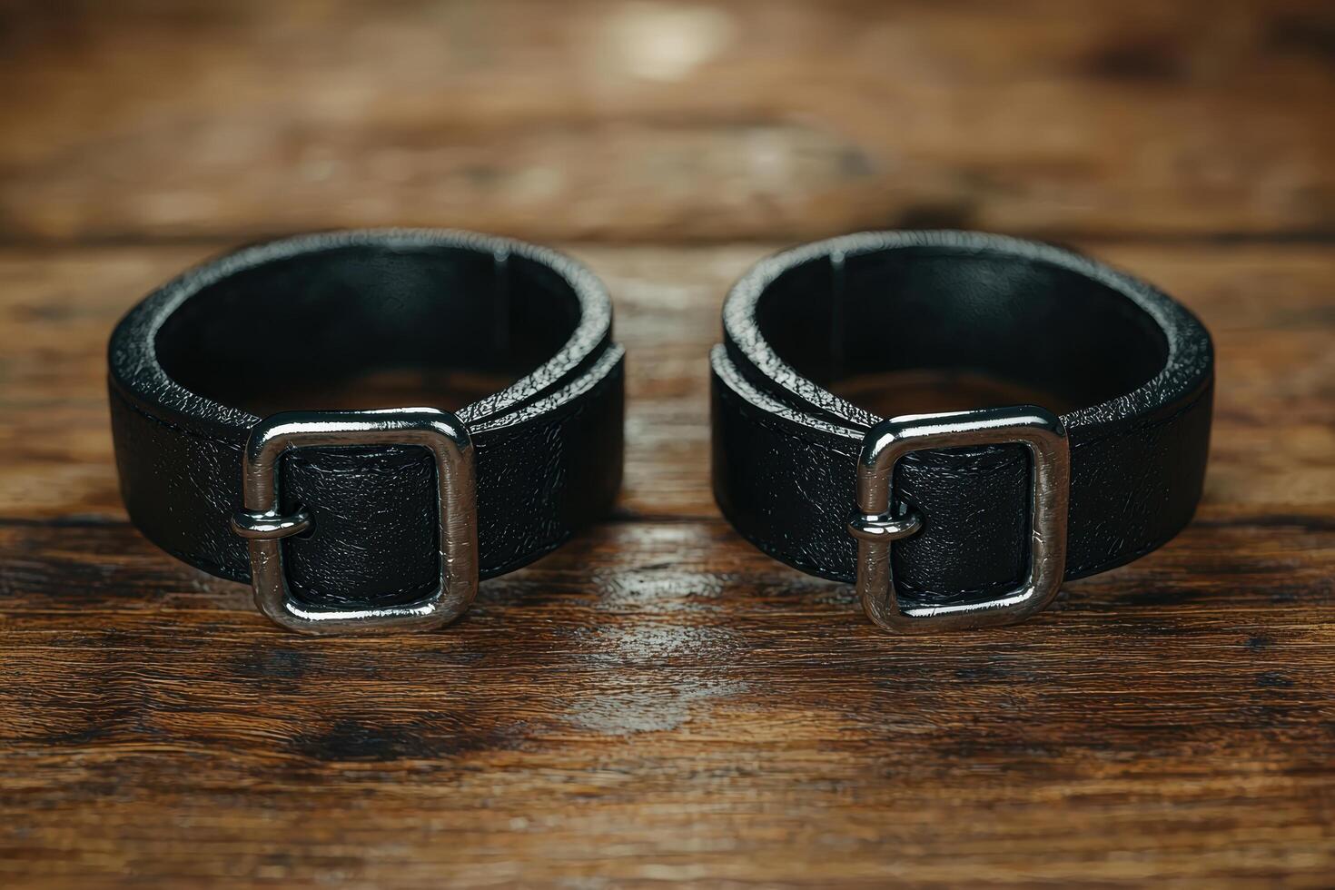 Pair of black leather handcuffs on wooden surface photo