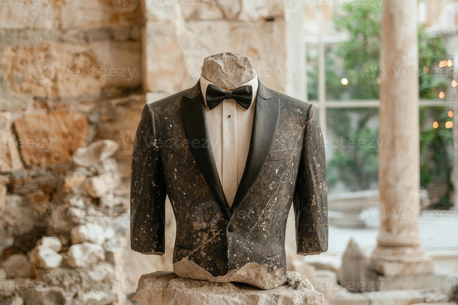 Elegant tuxedo suit with bow tie on stone pedestal photo