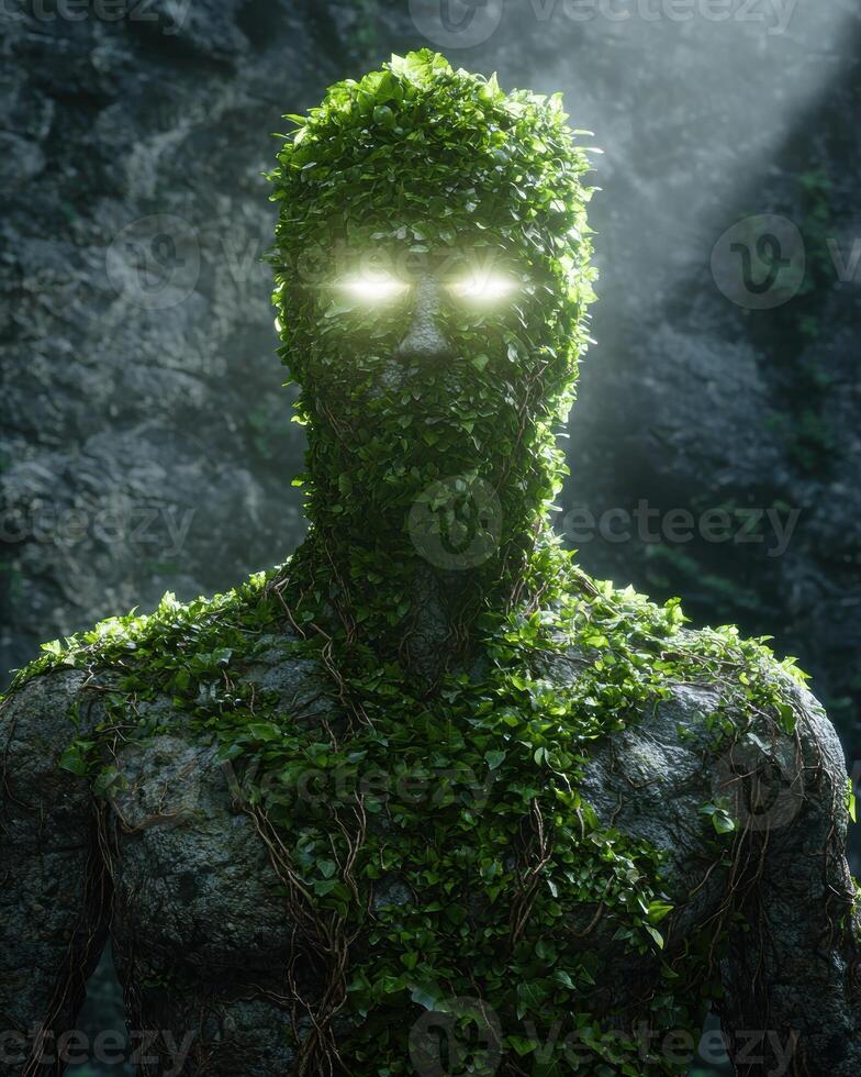 Mysterious green forest creature with glowing eyes photo