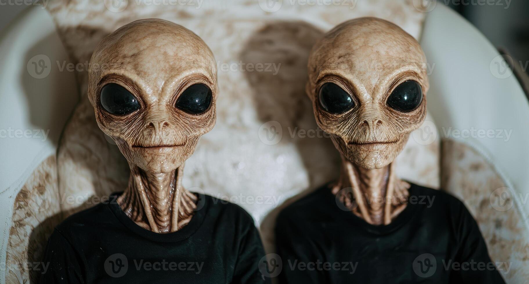 Mysterious alien beings with large eyes and wrinkled skin photo