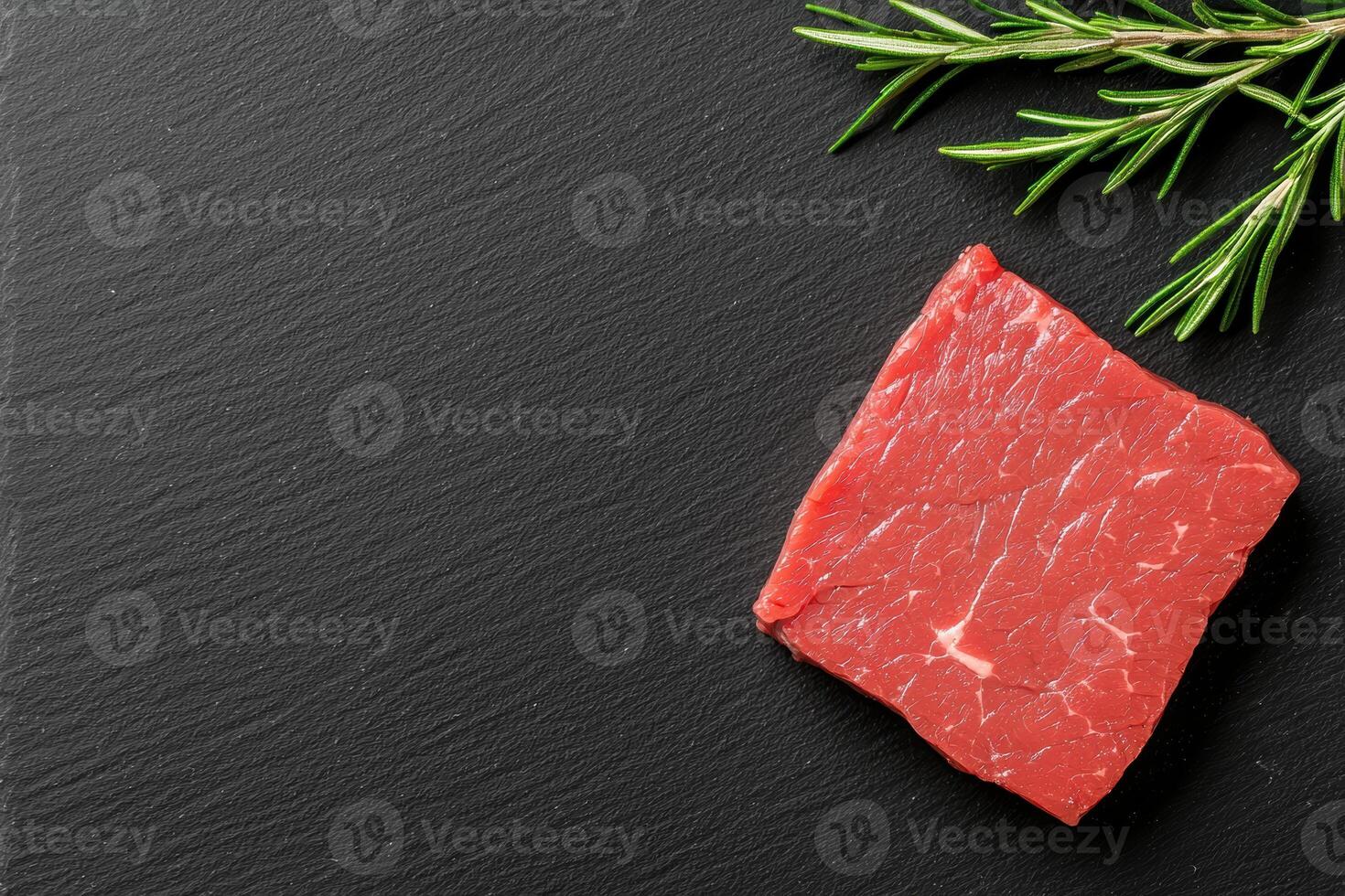 fresh raw red meat on black slate background with rosemary photo