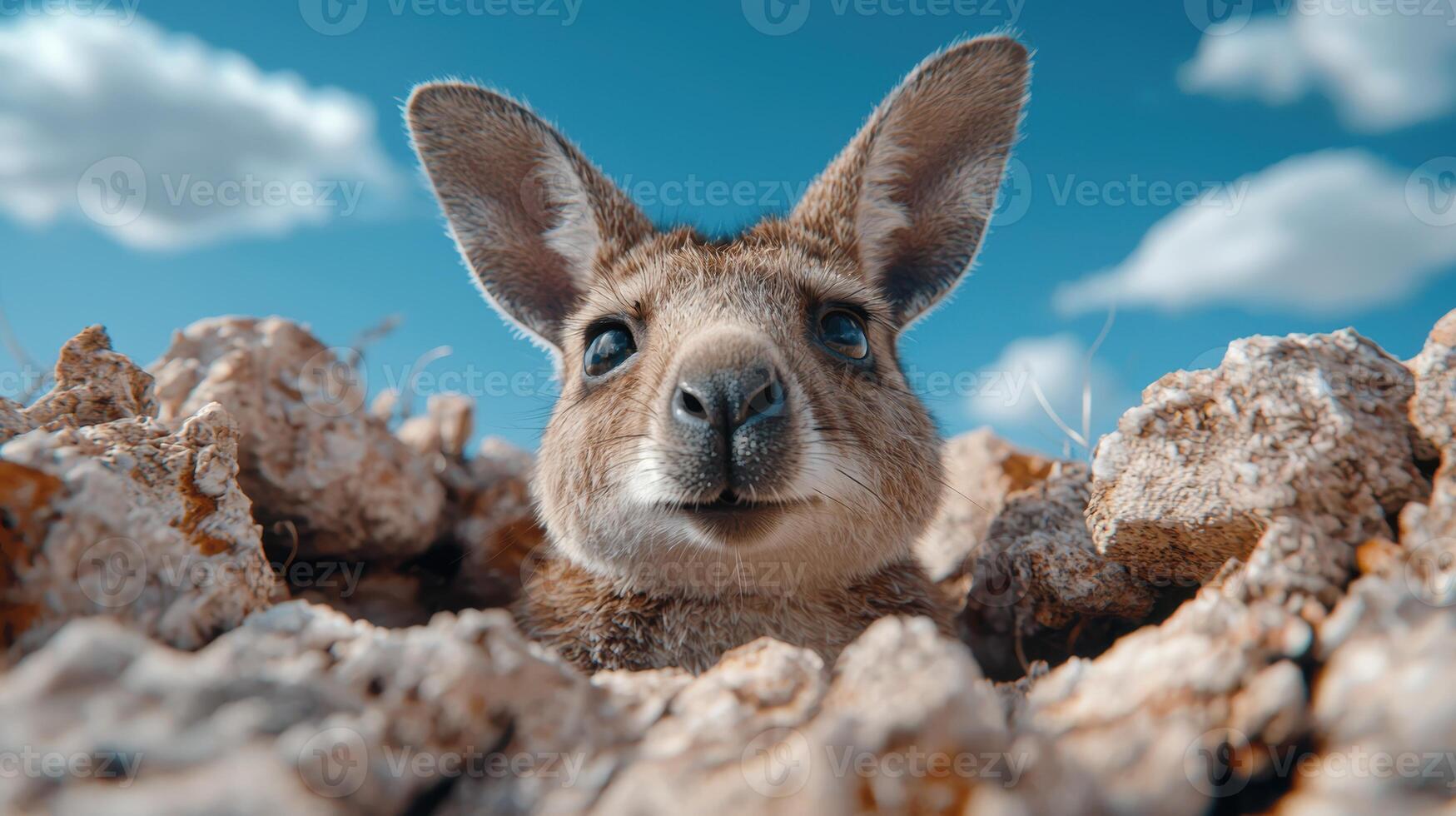curious kangaroo peeking out from rocks photo