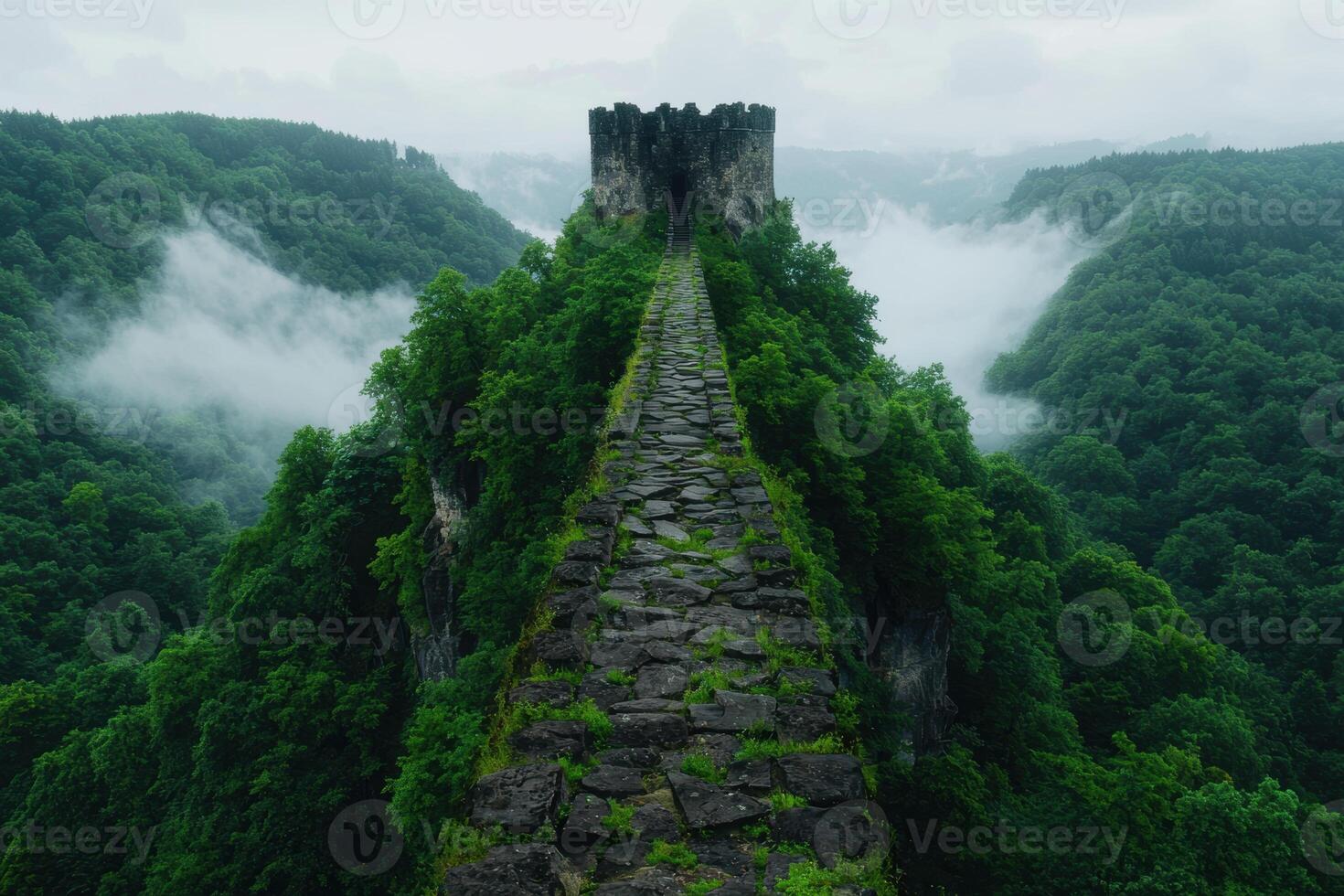 Misty medieval castle on a forested mountain photo