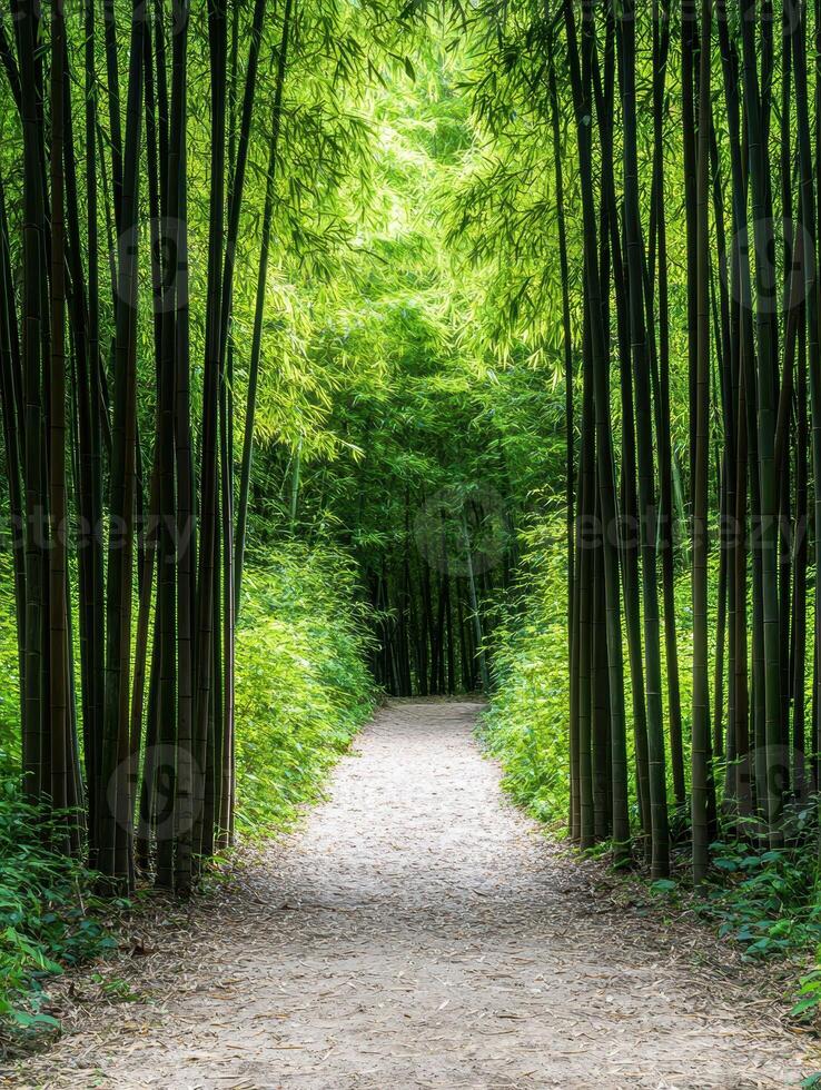 Lush green bamboo forest path photo