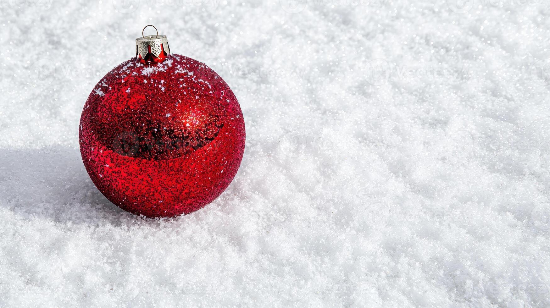 Sparkling red christmas ornament on snowy background photo