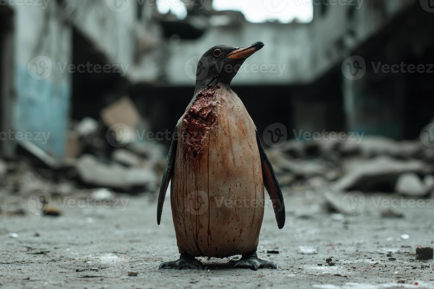 Injured penguin in a dilapidated environment photo