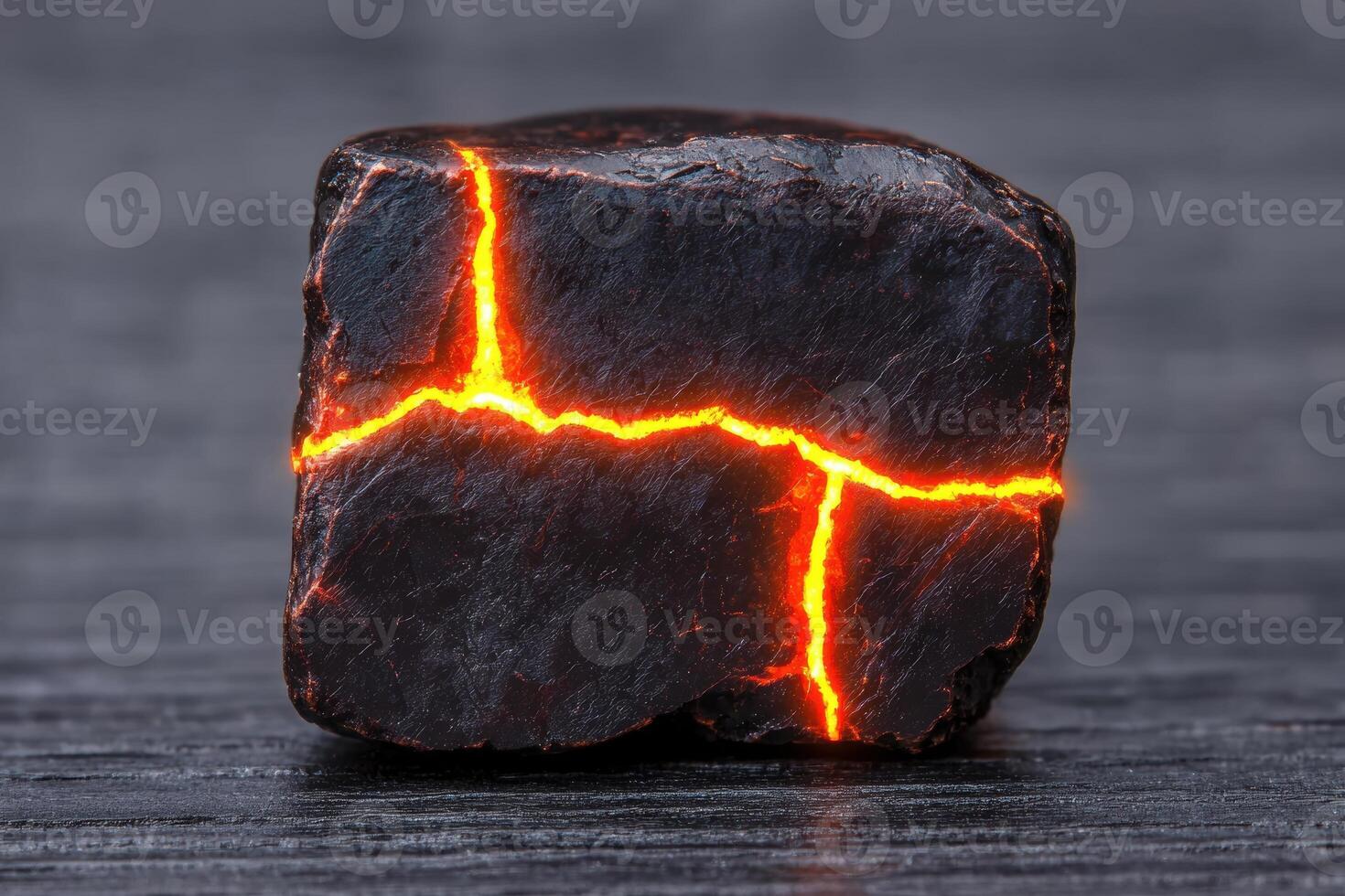Glowing volcanic rock on dark surface photo
