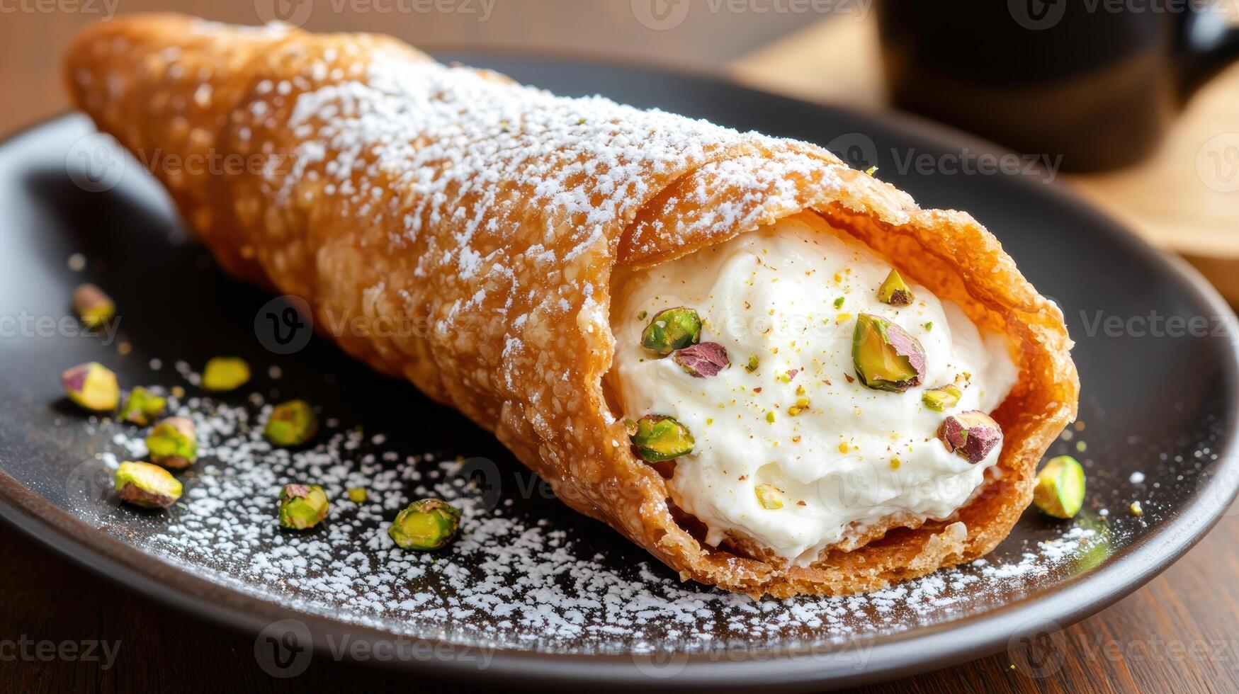 Delicious cream filled pastry with powdered sugar photo