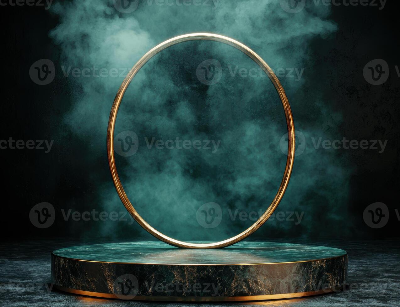 Golden ring in smoky atmosphere on marble podium photo