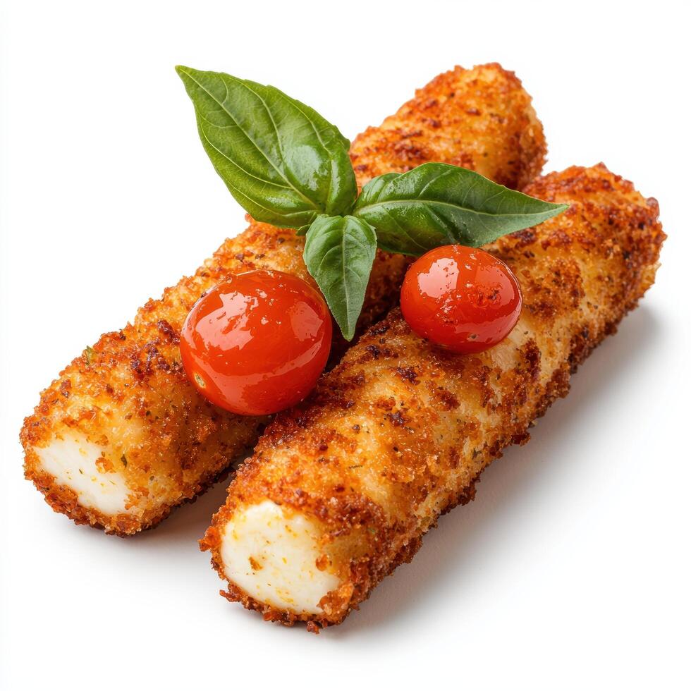 Crispy breaded chicken tenders with cherry tomatoes and basil photo