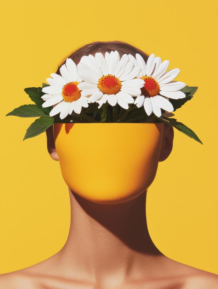 Vibrant daisy flower crown on head against yellow background photo