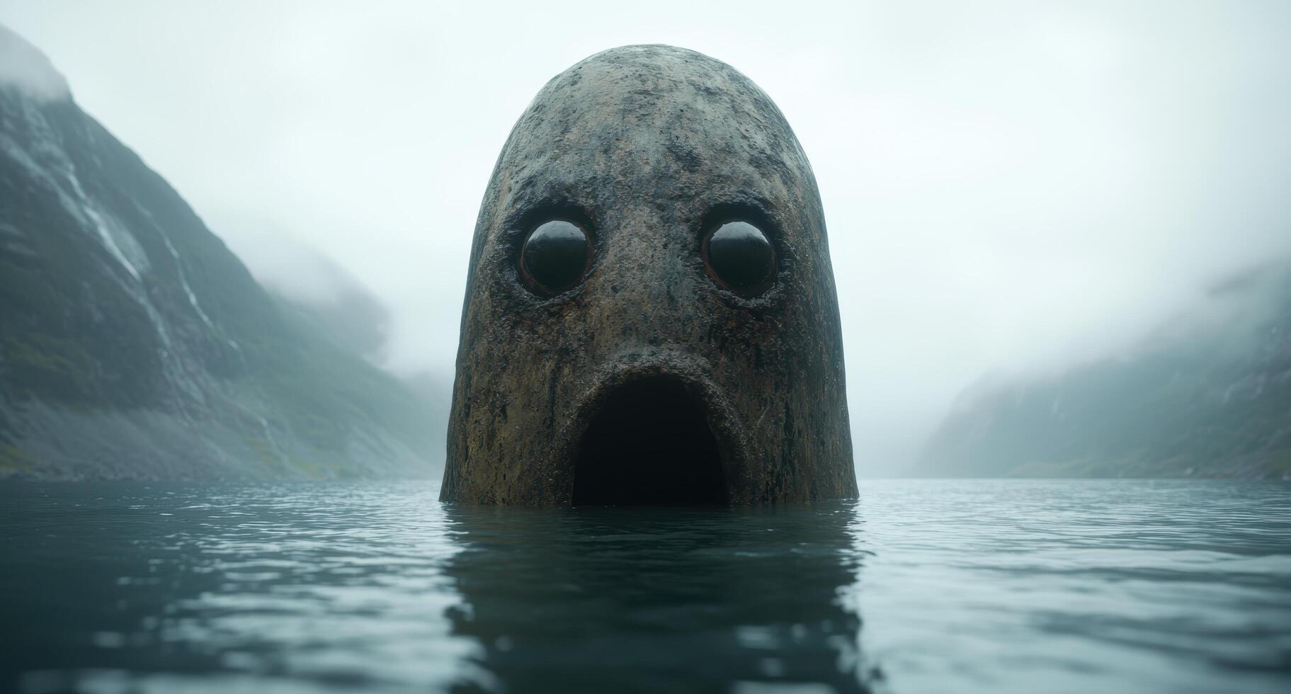 Mysterious stone face emerging from misty lake photo