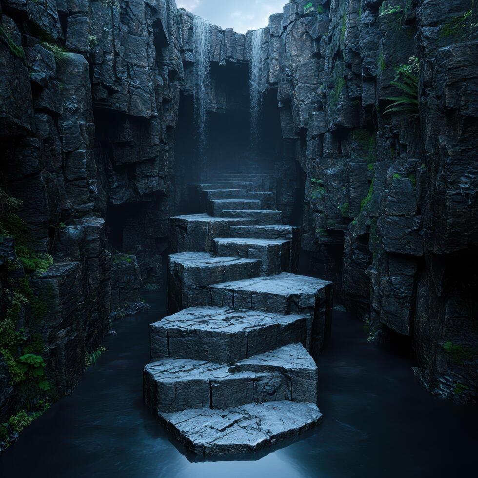Mysterious stairway in dark rocky ravine photo